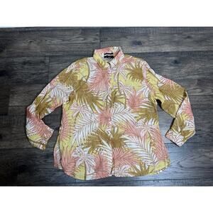 Tahari Womens 100% Linen Tropical Palm Print Button Down Shirt Coral Yellow XL
